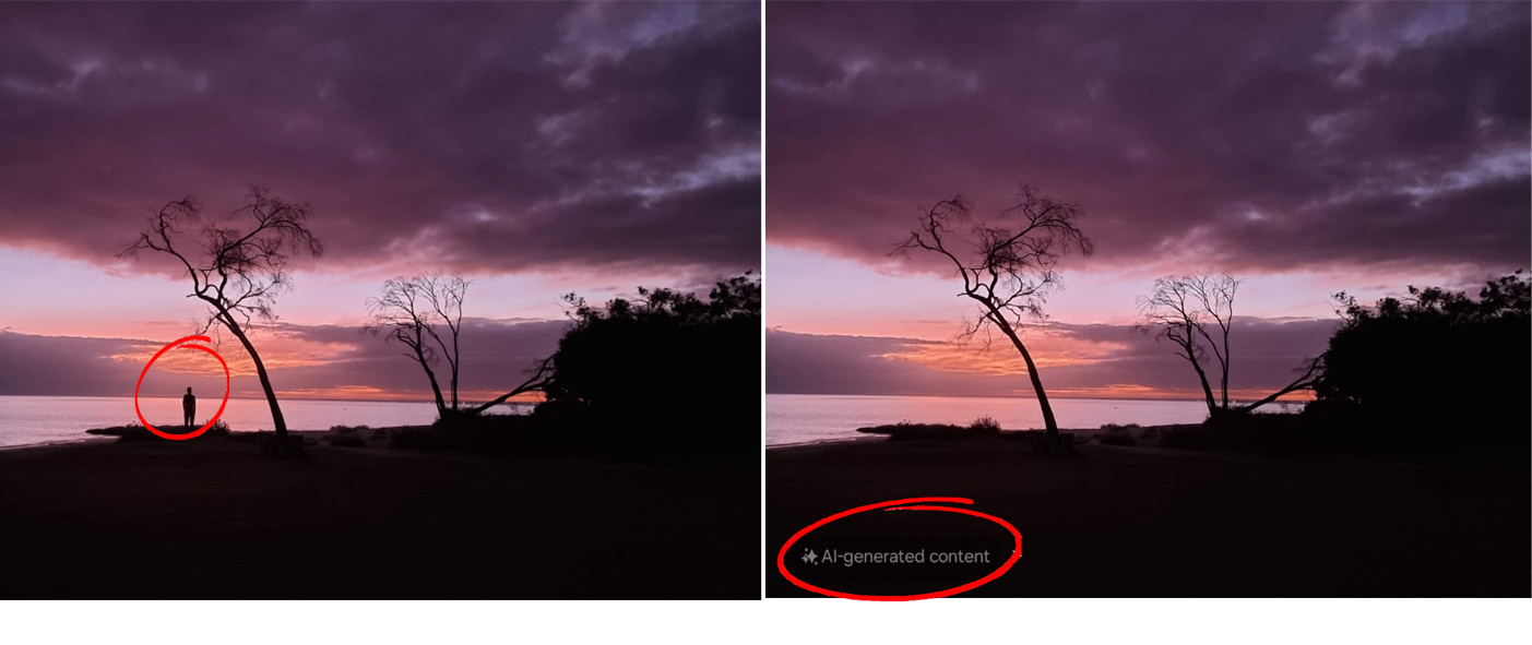 A sunrise beach photo, before and after a platform auto-applied an AI Generated Content label and erased the person in it