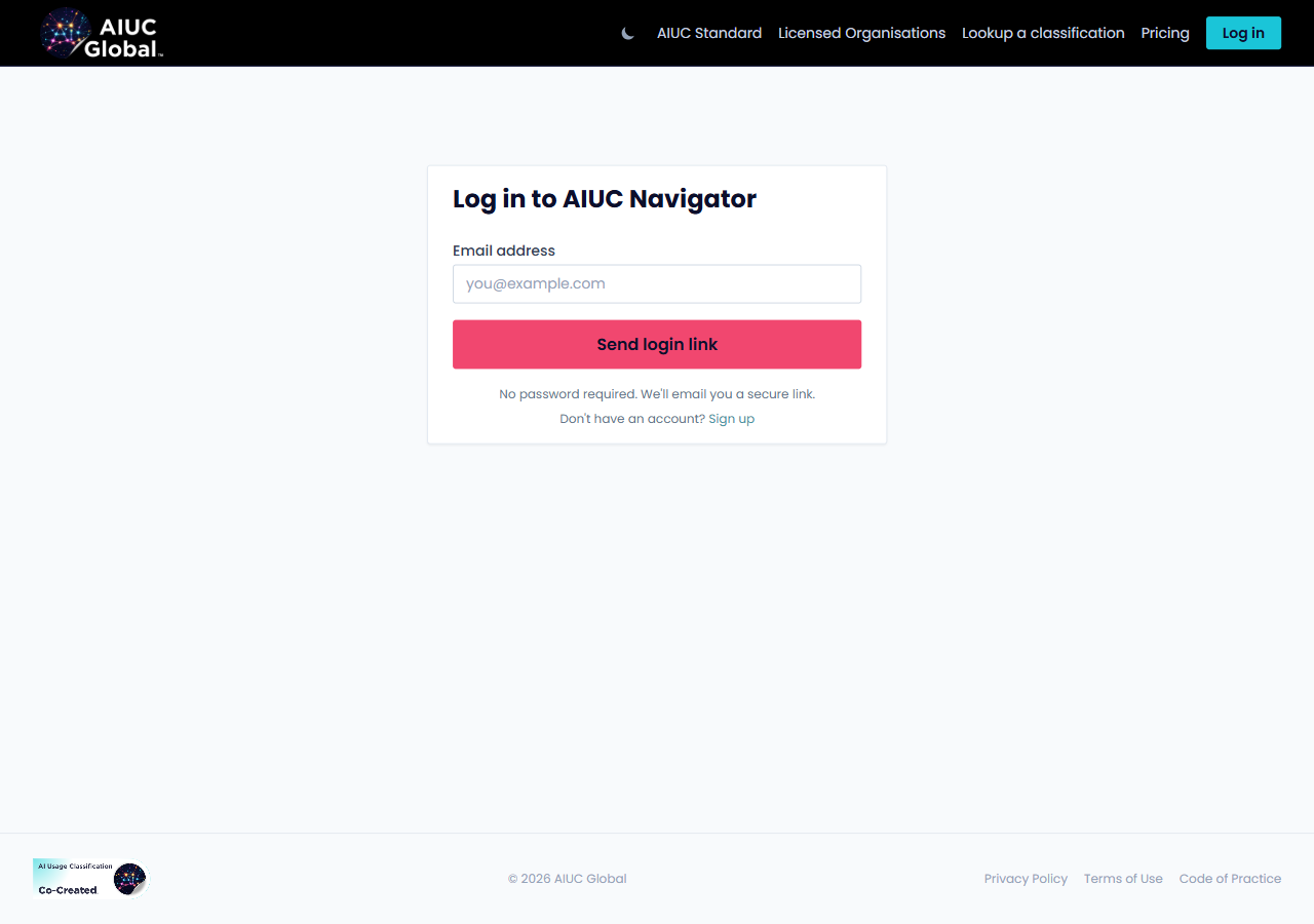 Log in screen showing the magic link email field