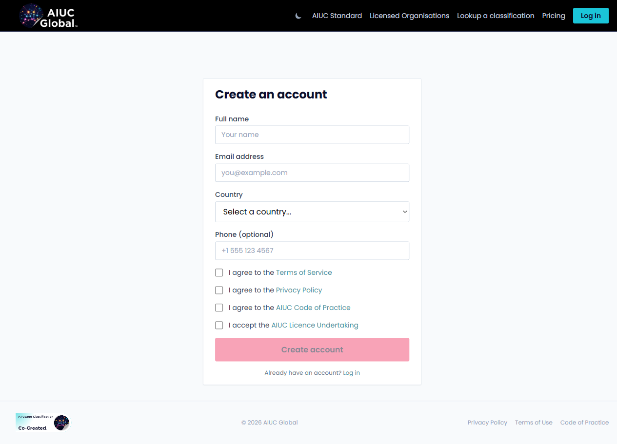 Create an account screen showing the registration form
